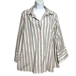 Lands' End Cream Button-Down Shirt Multi-Colored Stripes Plus Size 22 Summer